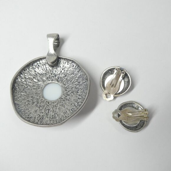 Enamel Jewelry Set Silvertone Pendant & Earrings Vintage Artisan Swirl - Picture 6 of 7